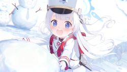 Rule 34 | 1girl, animated, backpack, bag, blue archive, blue eyes, cherino (blue archive), child, formal, gloves, halo, hat, highres, looking at viewer, official art, open mouth, screencap, smile, snow, snowball, snowman, suit, teeth, video, video, white hair, white suit
