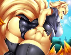 Rule 34 | 1girl, animal ears, ass, ass grab, black jacket, black panties, black skirt, black thighhighs, blonde hair, blue background, blue sky, blush, breasts, cloud, creatures (company), day, dutch angle, fangs, female focus, fox ears, from behind, from below, furry, furry female, game freak, gen 1 pokemon, hand on ass, jacket, large breasts, looking at viewer, looking back, looking down, miniskirt, mleonheart, multiple tails, nail polish, ninetales, nintendo, open mouth, outdoors, panties, pantyshot, personification, pokemon, pokemon (creature), pokemon rgby, red eyes, shirt, short hair, short sleeves, simple background, skirt, sky, smile, solo, standing, tail, teeth, thick thighs, thighhighs, thighs, underwear, upskirt, white shirt, zettai ryouiki