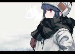 Rule 34 | 1girl, absurdres, beanie, blue hair, breath, brown gloves, gloves, hat, highres, jacket, letterboxed, looking away, maegami (daisuki oekaki1), multicolored clothes, multicolored scarf, open mouth, purple eyes, scarf, shima rin, solo, upper body, white jacket, winter clothes, yurucamp, zipper