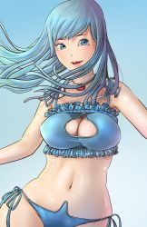 Rule 34 | 1girl, bad id, bad pixiv id, bikini, blue bikini, blue eyes, blue hair, bra, breasts, cat lingerie, cleavage, cleavage cutout, clothing cutout, covered erect nipples, dragon quest, dragon quest iii, frilled bra, frills, highres, jewelry, kyamii, long hair, matching hair/eyes, meme attire, navel, necklace, panties, parted lips, priest (dq3), shiny skin, side-tie bikini bottom, side-tie panties, solo, swimsuit, underwear