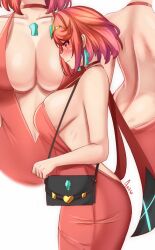 Rule 34 | 1girl, anisdrawn, artist name, backless outfit, bag, bare shoulders, blush, breasts, choker, cleavage, cocktail dress, collarbone, commentary, dress, earrings, english commentary, from behind, from side, handbag, highres, jewelry, large breasts, navel, pyra (xenoblade), red choker, red dress, red eyes, red hair, short hair, sideboob, simple background, solo, tiara, white background, xenoblade chronicles (series), xenoblade chronicles 2