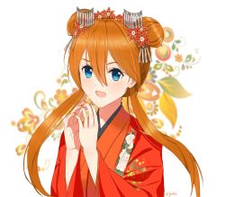 Rule 34 | 1girl, alternate costume, alternate hairstyle, andrea ryan, bad id, bad pixiv id, blue eyes, blurry, blurry background, commentary, double bun, english commentary, fingers together, floral background, floral print, flower, hair between eyes, hair bun, hair flower, hair ornament, highres, japanese clothes, kanzashi, kimono, long hair, long sleeves, looking at viewer, low twintails, nail polish, neon genesis evangelion, open mouth, orange hair, red kimono, red nails, smile, solo, souryuu asuka langley, twintails, upper body