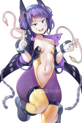 Rule 34 | 1girl, audio jack, black eyes, black footwear, boku no hero academia, boots, breasts, center opening, chain, cleavage, commentary, english commentary, fingerless gloves, gloves, highres, hot vr, jirou kyouka, long earlobes, looking at viewer, medium breasts, navel, open mouth, patreon username, purple hair, short hair, simple background, smile, solo, teeth, thighhighs, upper teeth only, white background, white gloves, yellow thighhighs