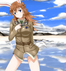 Rule 34 | 1girl, absurdres, animal ears, arms behind back, blue eyes, blue sky, breasts, brown hair, charlotte e. yeager, cloud, day, goggles, goggles around neck, green eyes, hair between eyes, head tilt, highres, hiroshi (hunter-of-kct), military, military uniform, panties, rabbit ears, rabbit girl, rabbit tail, reflection, sky, smile, solo, tail, thighs, underwear, uniform, white panties, world witches series