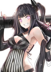 Rule 34 | 1girl, :d, architect (girls&#039; frontline), asymmetrical clothes, black hair, breasts, cleavage, girls&#039; frontline, glowing, glowing eyes, grin, long hair, looking at viewer, luse maonang, nail polish, open mouth, pink eyes, pinky out, revealing clothes, ringed eyes, rocket, rocket launcher, rpg (weapon), sangvis ferri, side ponytail, smile, solo, very long hair, weapon, white background