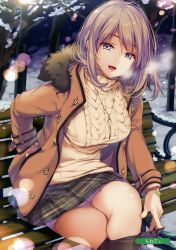 Rule 34 | 1girl, absurdres, artist name, bench, breasts, breath, buttons, coat, crossed legs, fur trim, hand in pocket, highres, jewelry, long sleeves, looking at viewer, medium breasts, melonbooks, monety, necklace, open clothes, open mouth, outdoors, pantyhose, park bench, purple eyes, ribbed sweater, scan, short hair, sitting, smile, snow, snowing, solo, steam, sweater, turtleneck, undressing, winter clothes, winter coat