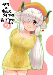 1girl animal_ears black_horns blush breasts brown_eyes brown_ribbon cleavage dress extra_ears grey_horns hair_over_one_eye highres horns kemono_friends kemono_friends_3 long_hair looking_at_viewer multicolored_horns ox_ears ox_girl ox_horns ox_tail ribbon smile solo tame_(sld8zoczefz9aau) twintails white_hair yak_(kemono_friends) yellow_dress