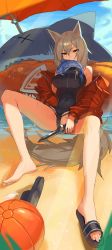 Rule 34 | 1girl, absurdres, animal ears, arknights, ball, bare legs, bare shoulders, beachball, black one-piece swimsuit, breasts, brown hair, covered navel, dagger, fang, fish, full body, hand in pocket, highres, holding, holding dagger, holding knife, holding weapon, inflatable raft, jacket, jaws (okdol0928), knife, large breasts, long hair, looking at viewer, mouth hold, off shoulder, one-piece swimsuit, projekt red (arknights), projekt red (light breeze) (arknights), red jacket, sand, sandals, shark, sitting, skin fang, slit pupils, solo, swimsuit, tail, unfinished, unworn sandal, unworn sandals, water, weapon, wet, wolf ears, wolf girl, wolf tail, x x, yellow eyes