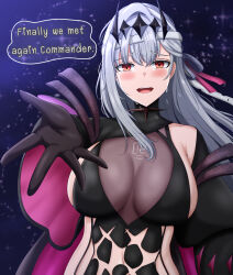 Rule 34 | 1girl, arm up, bandaged head, bandages, black crown (object), black dress, black gloves, blush, breasts, cleavage, crying, crying with eyes open, diadem, dress, gloves, goddess of victory: nikke, grey hair, hair ornament, happy tears, highres, large breasts, long hair, long sleeves, looking at viewer, modernia (nikke), modernia (second affection) (nikke), official alternate costume, open mouth, outstretched arm, outstretched hand, rabbitttt, reaching, reaching towards viewer, red eyes, ribbon, see-through, see-through cleavage, sideless outfit, single bare shoulder, smile, solo, tears, teeth, upper body, upper teeth only