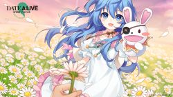Rule 34 | 1girl, 2019, :d, blue eyes, blue hair, blurry, blurry foreground, blush, brown ribbon, collarbone, copyright name, date a live, dress, floating hair, flower, hair between eyes, highres, holding, holding flower, long hair, looking at viewer, official art, open mouth, petals, pov, ribbon, short sleeves, smile, standing, very long hair, white dress, yoshino (date a live), yoshinon