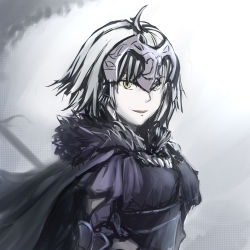 Rule 34 | 1girl, ahoge, armor, banner, black cape, black dress, breasts, cape, colored skin, dress, eyebrows, facing away, fate/grand order, fate (series), fur collar, headpiece, highres, jeanne d&#039;arc (fate), jeanne d&#039;arc alter (avenger) (fate), jeanne d&#039;arc alter (avenger) (first ascension) (fate), jeanne d&#039;arc alter (fate), looking at viewer, nose, open mouth, short hair, sketch, small breasts, smile, solo, teeth, toyo-1040-maruthi, upper body, white hair, white skin, yellow eyes