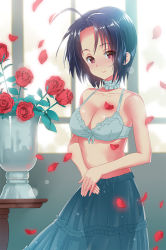 Rule 34 | 1girl, ahoge, bad id, bad pixiv id, black hair, blush, body blush, bra, breasts, choker, cleavage, collarbone, flower, idolmaster, idolmaster (classic), large breasts, looking at viewer, miura azusa, petals, red eyes, red flower, red rose, rose, shiny skin, short hair, skirt, smile, solo, sonsoso, underwear, vase