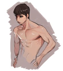 Rule 34 | 1boy, abs, black hair, grey background, hands on own hips, highres, muscular, muscular male, navel, original, pectorals, rinotuna, short hair, solo, topless male