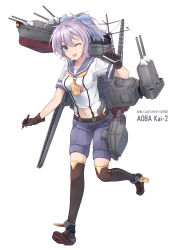 Rule 34 | 1girl, aoba (kancolle), black gloves, black thighhighs, blue eyes, gloves, hair ribbon, highres, kantai collection, looking at viewer, machinery, messy hair, minosu, neckerchief, notebook, one eye closed, open mouth, original remodel (kantai collection), pen, ponytail, purple hair, purple sailor collar, purple shorts, ribbon, running, sailor collar, sailor shirt, shirt, short hair, shorts, smile, solo, thighhighs, white background, white shirt