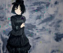 Rule 34 | 1girl, abstract background, black dress, black flower, black hair, black rose, blush, bow, corsage, dress, flower, frilled dress, frills, gothic lolita, green eyes, hat, hat bow, highres, jewelry, light smile, lolita fashion, looking at viewer, nimirom (6403aghm), original, ring, rose, short hair, solo