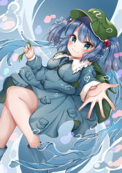 Rule 34 | 1girl, absurdres, backpack, bag, blue eyes, blue hair, blush, boots, breasts, feet out of frame, foreshortening, frilled shirt collar, frills, gradient background, grass, green hat, hair bobbles, hair ornament, hat, highres, holding grass, kawashiro nitori, key, long sleeves, looking at viewer, medium breasts, momo-squra-1115, outstretched arm, outstretched hand, pocket, reaching, reaching towards viewer, shirt, simple background, skirt, skirt set, smile, solo, touhou, two side up, water