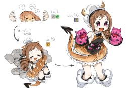 Rule 34 | &gt;:d, + +, 1girl, :3, black neckwear, boots, bread, brown hair, chef hat, cropped legs, dragon tail, egg, evolution, fang, food, hair over shoulder, hand puppet, hat, hatching, highres, horns, idolmaster, idolmaster cinderella girls, level up, medium hair, multiple views, ohara michiru, oven mitts, pointy ears, ponytail, puppet, purple eyes, saliva, short eyebrows, simple background, skirt, sleeveless, spawnfoxy, speech bubble, tail, v-shaped eyebrows, white background, white footwear