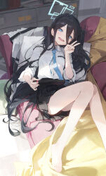 1girl absurdres aris_(blue_archive) bare_legs barefoot black_hair black_skirt blue_archive blue_eyes button_gap collared_shirt dress_shirt feet hair_between_eyes halo hand_up highres holding long_hair looking_at_viewer lying miniskirt modare necktie nintendo_switch on_back on_bed one_side_up open_mouth pleated_skirt school_uniform shirt skirt smile solo thighs v very_long_hair white_shirt