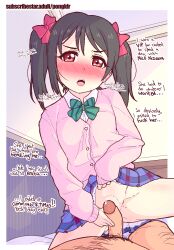 Rule 34 | 1boy, 1girl, bare legs, bed, black hair, blush, border, breasts, cardigan, clothed female nude male, clothes lift, english text, hair ornament, idol, love live!, love live! school idol project, miniskirt, no panties, nude, open mouth, penis, pongldr, pov, pubic hair, red eyes, school uniform, self-upload, short hair, simple background, size difference, skirt, skirt lift, small breasts, solo focus, spread legs, thighs, twintails, uncensored, white border, yazawa nico