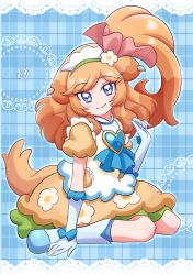 Rule 34 | 1girl, absurdres, animal ears, blue eyes, blue gloves, brooch, delicious party precure, dog ears, dog girl, dog tail, elbow gloves, gloves, hair ornament, heart, heart brooch, highres, jewelry, magical girl, one side up, orange hair, pam-pam (precure), pam-pam (precure) (human), precure, smile, solo, tail, zerolay
