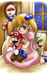 Rule 34 | 1girl, alternate hairstyle, artist request, bed, blonde hair, blue eyes, character doll, hugging doll, feet, happy, highres, hug, looking at viewer, luigi, mario, mario (series), night, nintendo, hugging object, one eye closed, pajamas, princess, princess peach, sitting, smile, solo, source request, stuffed toy, super mario bros. 1, twintails