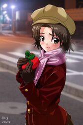Rule 34 | 1girl, black gloves, black skirt, blurry, blurry background, blush, box, breath, brown eyes, brown hair, brown hat, cabbie hat, coat, commentary, dated, depth of field, fringe trim, from side, gift, girls und panzer, gloves, hat, heart-shaped box, highres, holding, holding gift, looking at viewer, matsui yasutsugu, miniskirt, night, open mouth, outdoors, parted bangs, pleated skirt, purple scarf, red coat, road, sawa azusa, scarf, short hair, skirt, smile, solo, standing, valentine, winter clothes