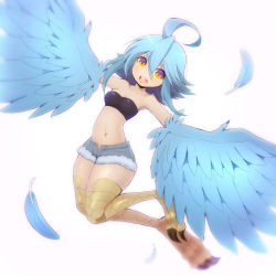 Rule 34 | 1girl, :d, ahoge, backlighting, bare shoulders, blue hair, commentary, denim, denim shorts, feathered wings, feathers, full body, hair between eyes, harpy, meltyvixen, monster girl, monster musume no iru nichijou, navel, open mouth, outstretched arms, papi (monster musume), round teeth, short hair, short shorts, shorts, simple background, smile, solo, spread arms, stomach, strapless, talons, teeth, tube top, white background, winged arms, wings, yellow eyes