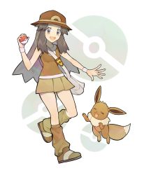 Rule 34 | 1girl, :d, bag, breasts, brown eyes, brown footwear, brown hair, brown headwear, brown legwear, brown shirt, brown skirt, bucket hat, chinese commentary, commentary request, creatures (company), eevee, eyelashes, game freak, gen 1 pokemon, grey bag, hair flaps, hat, highres, holding, holding poke ball, leaf (pokemon), long hair, loose socks, messenger bag, nintendo, open mouth, pleated skirt, poke ball, poke ball symbol, pokemon, pokemon (creature), pokemon masters ex, rata (m40929), shirt, shoes, shoulder bag, skirt, sleeveless, sleeveless shirt, smile, socks, tongue, vs seeker, white wristband, wristband