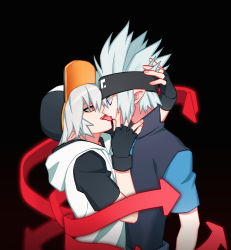 Rule 34 | 2boys, aotu world, arrow (symbol), black background, black gloves, black headband, black headwear, blue eyes, fingerless gloves, fingernails, gloves, grey hair, hand in another&#039;s hair, hand on another&#039;s cheek, hand on another&#039;s face, hat, headband, highres, hood, hood down, hoodie, licking, looking at another, male focus, multiple boys, parted lips, pointy ears, red eyes, simple background, spiked hair, teeth, tongue, tongue out, white hair, white hoodie, wuliu heihuo, yaoi