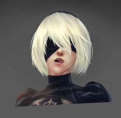 Rule 34 | 1girl, covered eyes, cropped torso, grey background, highres, mole, mole under mouth, nier:automata, nier (series), open mouth, portrait, short hair, simple background, solo, turtleneck, white hair, 2b (nier:automata), yuyin raozhuzi