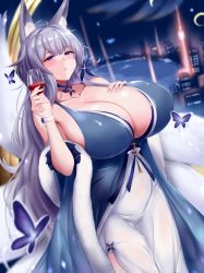 Rule 34 | 1girl, absurdres, alcohol, animal ear fluff, animal ears, azur lane, bare shoulders, blue butterfly, blue collar, blue dress, breasts, bug, butterfly, cityscape, cleavage, cleavage cutout, clothing cutout, collar, cup, cupping glass, detached collar, doutei no roran, dress, drinking glass, evening gown, feather boa, fox ears, fox girl, halter dress, halterneck, hand on own chest, highres, huge breasts, huge filesize, insect, kitsune, kyuubi, large tail, light blush, long hair, looking at viewer, moon phases, multiple tails, purple eyes, shinano (azur lane), shinano (dreams of the hazy moon) (azur lane), sideboob, silver hair, sleeveless, sleeveless dress, solo, standing, tail, two-tone dress, very long hair, white dress, white tail, wine, wine glass, wrist flower
