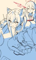 Rule 34 | 2girls, animal ears, ayane (blue archive), blue archive, closed eyes, dcinside (website), glasses, halo, highres, looking at viewer, multiple girls, pointy ears, red halo, school uniform, second-party source, serika (blue archive), shirt, short hair, squatting, syhan, white shirt