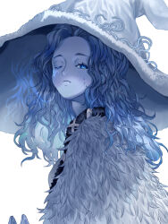 Rule 34 | 1girl, blue eyes, blue hair, blue skin, cloak, closed mouth, colored skin, commentary, cracked skin, elden ring, extra faces, facial tattoo, fingernails, fur-trimmed cloak, fur trim, glowing tattoo, grey cloak, hat, highres, long hair, looking at viewer, one eye closed, own hands together, ranni the witch, simple background, solo, tattoo, wavy hair, white background, white hat, witch, witch hat, yufei lin