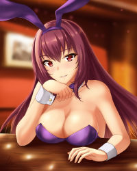 Rule 34 | 1girl, animal ears, bar (place), blurry, blurry background, bow, bowtie, breasts, cleavage, detached collar, fake animal ears, fate/grand order, fate (series), highres, indoors, large breasts, leotard, long hair, looking at viewer, official alternate costume, photo (object), playboy bunny, purple hair, rabbit ears, red eyes, rj xiii, scathach (fate), scathach (piercing bunny) (fate), signature, smile, solo, strapless, strapless leotard, wrist cuffs