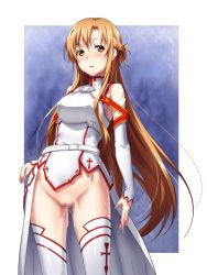 Rule 34 | 10s, 1girl, armor, asuna (sao), bare shoulders, blush, bottomless, braid, breasts, brown eyes, brown hair, censored, elbow gloves, floating hair, gloves, groin, highres, kotobuki hajime, legs, long hair, looking at viewer, matching hair/eyes, mosaic censoring, no panties, parted lips, plate armor, pussy, pussy juice, simple background, solo, standing, sweat, sword art online, thighhighs, thighs, wet