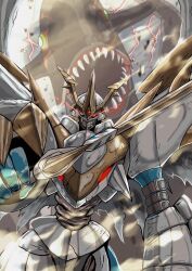 Rule 34 | armagemon, armor, belt, digimon, digimon (creature), fusion, highres, imperialdramon, imperialdramon paladin mode, looking at another, monster, sharp teeth, teeth