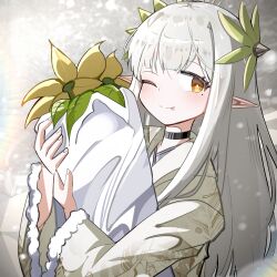 Rule 34 | 1girl, ;p, arknights, black choker, blurry, blurry background, blush, bouquet, brown eyes, choker, closed mouth, depth of field, flower, fur-trimmed sleeves, fur trim, grey hair, grey kimono, hair ornament, highres, hugging object, japanese clothes, kimono, long hair, long sleeves, mole, mole under eye, muelsyse (arknights), one eye closed, pointy ears, smile, solo, spam (spamham4506), tongue, tongue out, upper body, very long hair, wide sleeves, yellow flower