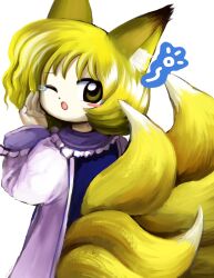 Rule 34 | 1girl, animal ears, blonde hair, blue tabard, blush stickers, dress, fox ears, fox tail, from behind, hand up, highres, long sleeves, looking at viewer, looking back, medium hair, multiple tails, no headwear, one eye closed, open mouth, purple dress, simple background, solo, standing, tabard, tail, touhou, upper body, white background, yakumo ran, yakumora n, yellow eyes, zun (style)