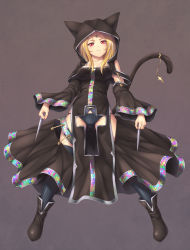 Rule 34 | 1girl, animal hood, asymmetrical clothes, black panties, black thighhighs, blonde hair, boots, breasts, cat hood, cat tail, cross, crotch cutout, dagger, detached sleeves, frown, full body, highres, holding, holding dagger, holding knife, holding weapon, hood, knife, long hair, nun, original, panties, pantyshot, red eyes, sasaame, simple background, skirt, slit pupils, solo, tail, tail ornament, thighhighs, tiara, underwear, upskirt, weapon, weapon request, wide sleeves