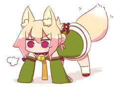 Rule 34 | 1girl, all fours, animal ear fluff, animal ears, bare shoulders, bell, blonde hair, blush, brown collar, collar, detached sleeves, dress, folded ponytail, fox ears, fox girl, fox tail, full body, green dress, green sleeves, hair between eyes, hair bun, hair ornament, jingle bell, kemomimi-chan (naga u), long hair, long sleeves, naga u, neck bell, orange neckwear, original, red eyes, ribbon-trimmed sleeves, ribbon trim, sailor collar, sailor dress, shadow, sidelocks, simple background, single hair bun, sleeveless, sleeveless dress, sleeves past fingers, sleeves past wrists, solo, tail, v-shaped eyebrows, white background, white sailor collar