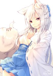 Rule 34 | 1girl, :q, animal ear fluff, animal ears, blue bow, blue hakama, bow, breasts, chita (ketchup), closed mouth, commentary request, fox ears, fox girl, fox tail, hair bow, hakama, hakama short skirt, hakama skirt, head tilt, highres, japanese clothes, kimono, long hair, long sleeves, looking at viewer, miko, original, red eyes, ribbon-trimmed sleeves, ribbon trim, short kimono, signature, silver hair, sitting, skirt, small breasts, smile, solo, tail, tail grab, thick eyebrows, tongue, tongue out, white background, white kimono, wide sleeves