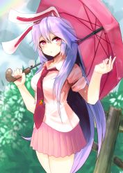 Rule 34 | 1girl, :o, after rain, animal ears, blush, breasts, bush, carrot, cloud, cloudy sky, collared shirt, cowboy shot, day, dripping, eyebrows, fence, hair between eyes, holding, holding umbrella, long hair, looking up, medium breasts, miniskirt, nama shirasu, necktie, outdoors, parted lips, pin, pink eyes, pink skirt, pink umbrella, plant, pleated skirt, purple hair, rabbit ears, rainbow, red necktie, reisen udongein inaba, shirt, short sleeves, skirt, sky, solo, tie clip, touhou, umbrella, very long hair, water, water drop, wing collar