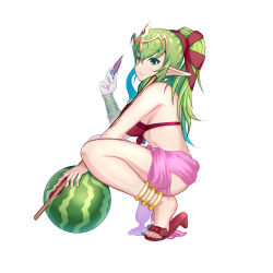 Rule 34 | 1girl, absurdres, bikini, bracelet, breasts, eating, fire emblem, fire emblem: mystery of the emblem, fire emblem awakening, fire emblem heroes, food, fruit, full body, green eyes, green hair, hair between eyes, hair ornament, highres, holding, jewelry, keldancon, long hair, looking at viewer, nintendo, official alternate costume, pointy ears, ponytail, red bikini, red heels, sandals, solo, squatting, stick, swimsuit, tiki (adult) (fire emblem), tiki (adult) (summer) (fire emblem), tiki (fire emblem), watermelon, white background