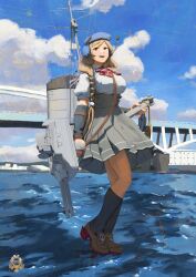 Rule 34 | 1girl, absurdres, adapted turret, antennae, arm warmers, blue sky, bow, bowtie, braid, breasts, bridge, brown eyes, cannon, cloud, cloud hair ornament, collared shirt, day, dress shirt, earmuffs, full body, grey skirt, highres, kantai collection, large breasts, light brown hair, logo, long hair, low twin braids, machinery, minegumo (kancolle), outdoors, plaid, plaid bow, plaid bowtie, red bow, red bowtie, shirt, skirt, sky, smokestack, solo, standing, standing on liquid, suspender skirt, suspenders, turret, twin braids, water, white shirt, ye fan