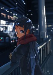 Rule 34 | 1girl, alternate costume, blue eyes, blue hair, coat, dated, highres, kantai collection, laminar flow, long hair, looking at viewer, red scarf, samidare (kancolle), scarf, signature, smile, solo, swept bangs, upper body, very long hair