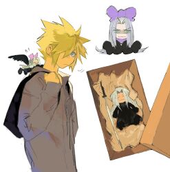 Rule 34 | 2boys, alternate costume, alternate universe, backpack, bag, black bag, black coat, black footwear, black gloves, black wings, blonde hair, blue eyes, bow, box, brown jacket, chibi, chibi inset, chibi on shoulder, cloud strife, coat, evil smile, expressionless, feathered wings, final fantasy, final fantasy vii, flying sweatdrops, gloves, green eyes, grey hair, hair bow, hair over one eye, highres, in box, in container, jacket, katana, long coat, long hair, long sleeves, lying, male focus, multiple boys, multiple views, pink bow, purple bow, sephiroth, shoe box, short hair, simple background, single wing, sitting, size difference, slit pupils, smile, spiked hair, standing, sword, turning head, weapon, white background, wings, xscr1205