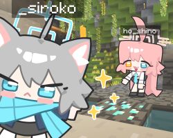 2girls :3 :d ahoge animal_ear_fluff animal_ears aqua_necktie aqua_scarf black_footwear black_skirt blue_archive blue_eyes blue_halo blue_jacket character_name chibi chibi_only closed_mouth collared_shirt diamond_(minecraft) fang frown game_screenshot_background grey_hair halo heterochromia highres hoshino_(blue_archive) huge_ahoge ishikoro24 jacket lava long_hair looking_at_viewer medium_hair minecraft multiple_girls necktie open_clothes open_jacket open_mouth orange_eyes pink_hair pink_halo plant rock scarf screenshot_background shiroko_(blue_archive) shirt skirt smile sparkle sparkling_aura standing very_long_hair vines water white_shirt wolf_ears