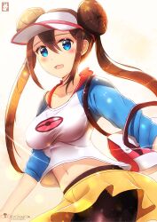 Rule 34 | 1girl, aqua eyes, artist name, bag, black pantyhose, blue eyes, blush, breasts, brown hair, chinchongcha, collarbone, creatures (company), double bun, female focus, game freak, hair between eyes, hair bun, hat, highres, large breasts, long hair, looking at viewer, nintendo, open mouth, pantyhose, pink bag, pokemon, pokemon bw2, raglan sleeves, rosa (pokemon), shirt, shorts, shoulder bag, sidelocks, sleeves past elbows, solo, standing, twintails, visor cap, white hat, white shirt, yellow shorts