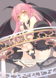 Rule 34 | 1girl, bare shoulders, black thighhighs, blush, cover, cover page, demon girl, feet, frilled thighhighs, frills, from below, garter straps, glass, grey background, hair ribbon, long hair, looking at viewer, md5 mismatch, no shoes, original, pink eyes, pink hair, pointy ears, resolution mismatch, ribbon, sitting, solo, source smaller, tatami to hinoki, thighhighs, toes, wings, yellow eyes
