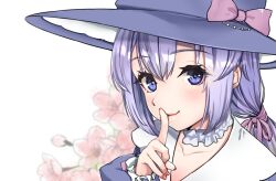 Rule 34 | 1girl, blurry, blurry background, cherry blossoms, collarbone, commentary, eyelashes, finger to mouth, hanamori natsumi, hat, light blush, looking at viewer, nail polish, pink ribbon, purple eyes, purple hair, ribbon, shushing, smile, solo, virtual youtuber, witch hat